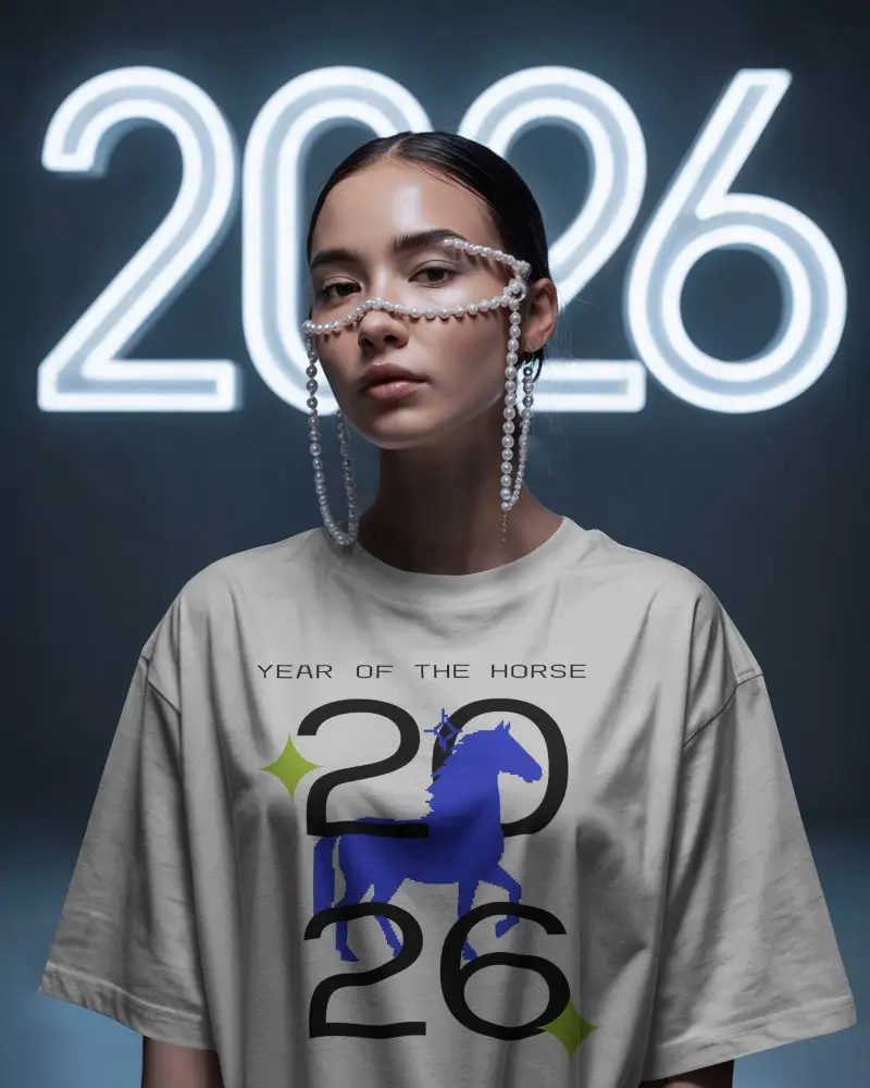 New Year Futuristic Tshirt Mockup Female Model With Pearl Glasses And Neon 2026 Background