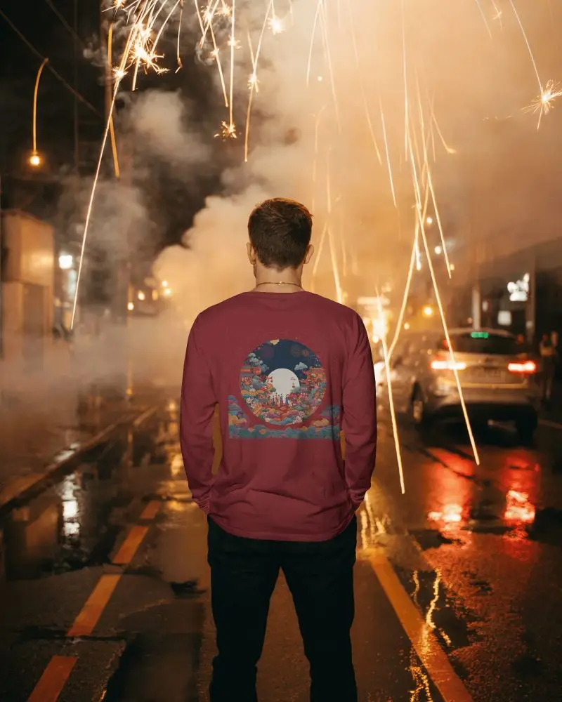 New Year Streetwear Longsleeve T Shirt Mockup Male Model Watching Fireworks On Wet City Road