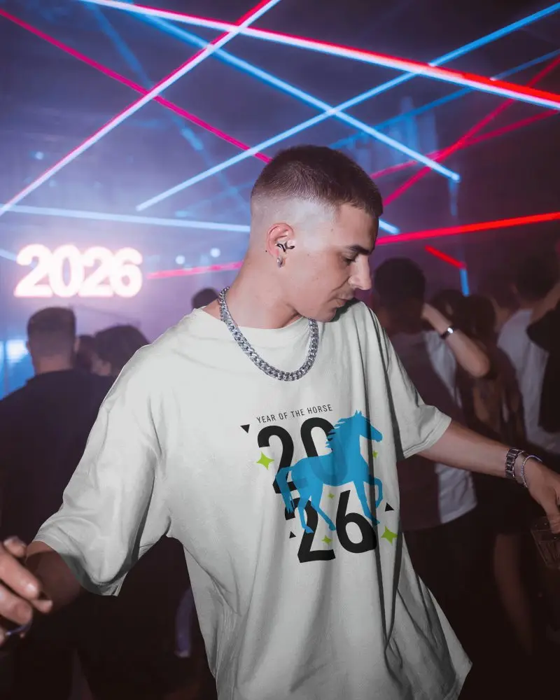 New Year Party Tshirt Mockup Male Model Dancing In Club With 2026 Lights And Laser Beams