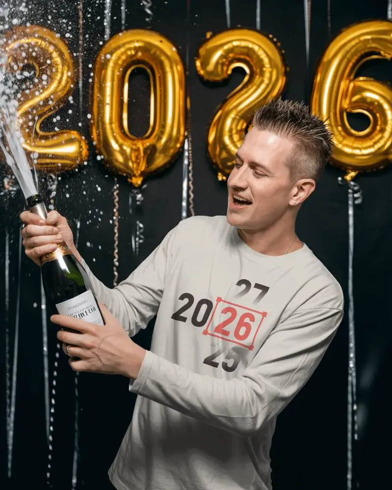 Celebration New Year Longsleeve Mockup Man Opening Champagne With 2026 Golden Balloons