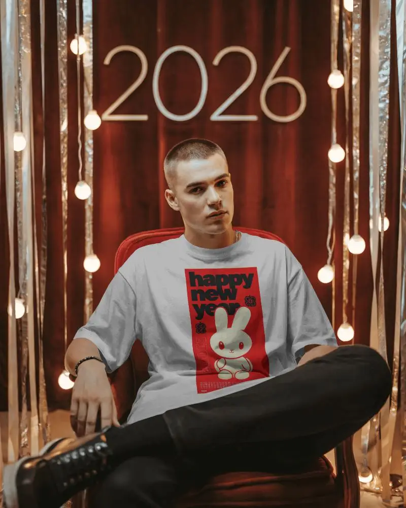 Elegant New Year Tshirt Mockup Male Model Sitting On Red Chair With 2026 Lights Backdrop