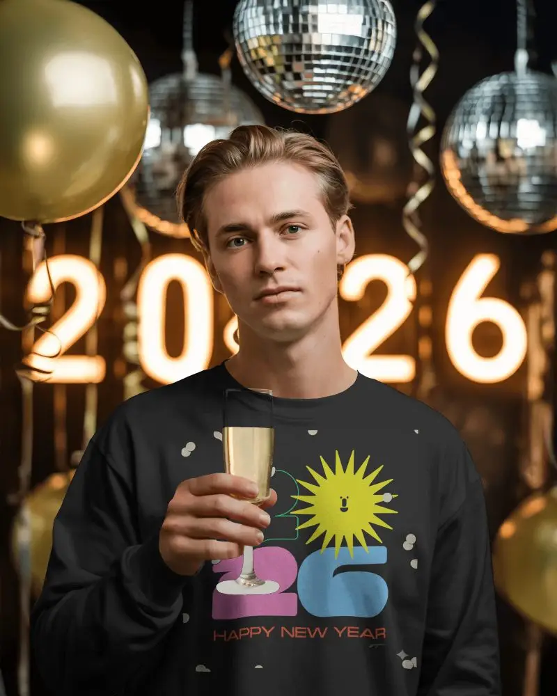 Festive Longsleeve New Year Mockup Male Model Holding Champagne With 2026 Balloons And Disco Lights