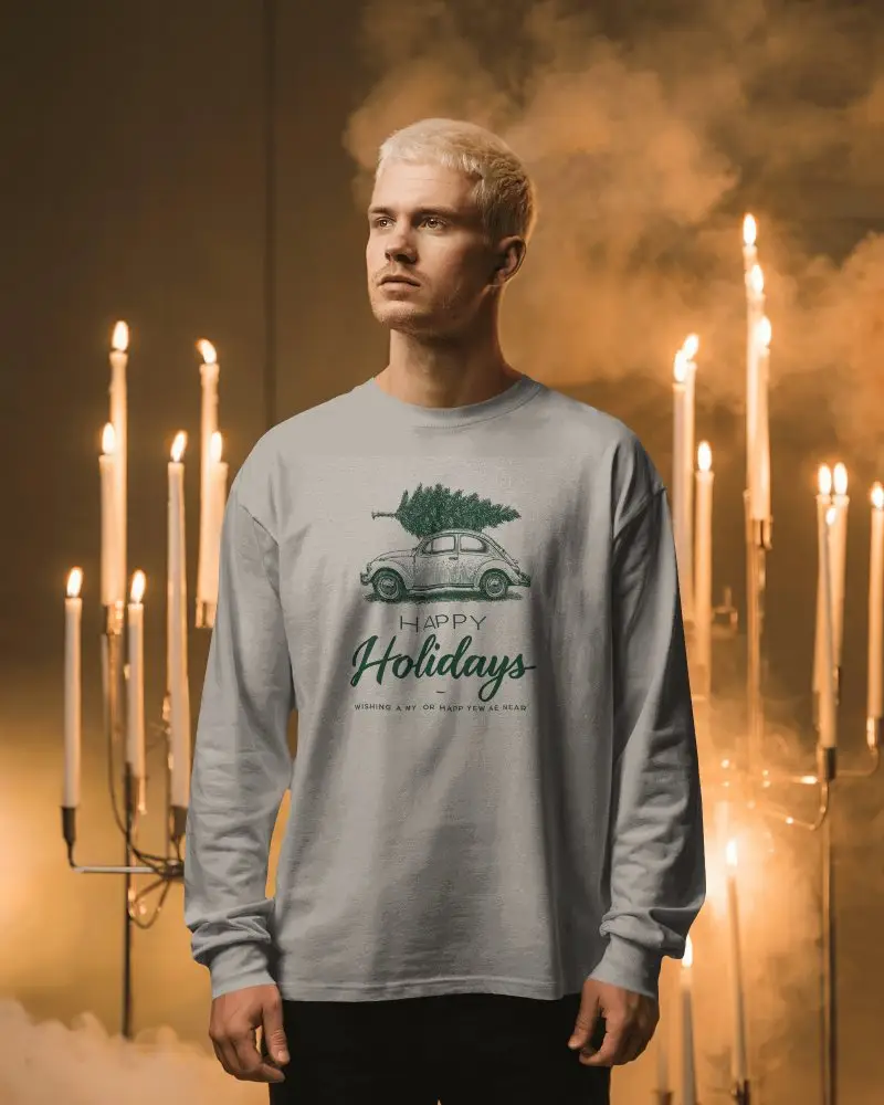 New Year Moody Longsleeve T Shirt Mockup Male Model With Candlelight And Smoky Background Aesthetic