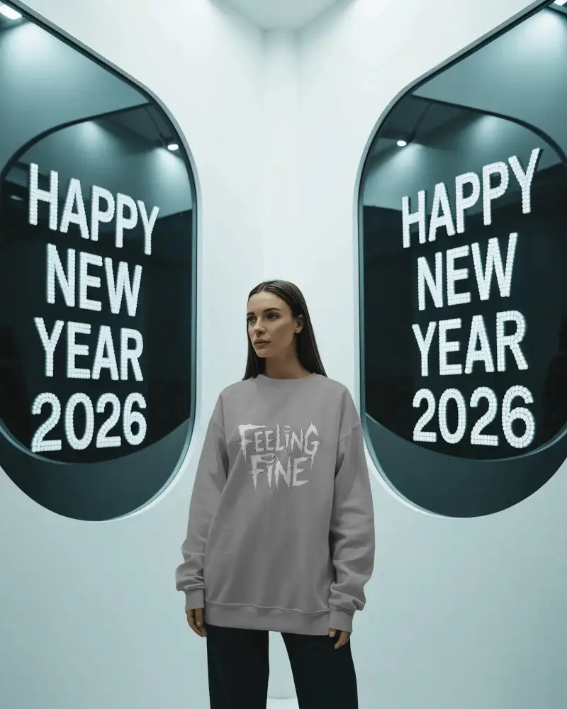 Modern New Year Celebration With Reflective Signage And Sweatshirt Mockup Fashionable Outfit