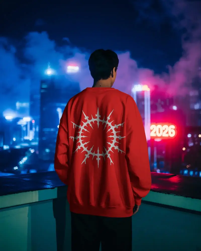 Young Person Standing On Sweatshirt Mockup Rooftop Looking At Neon New Year Sign In Metropolitan