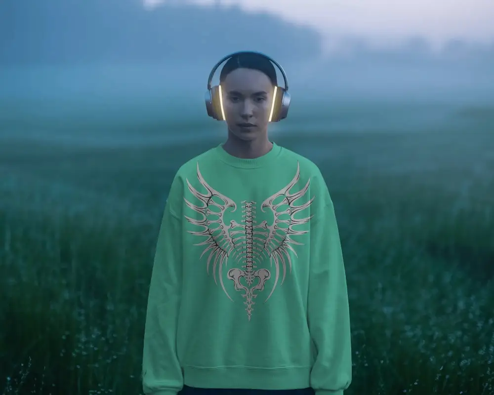 Serene Woman Listening Music Headphones Misty Environment Relaxation Vibe Chill Sweatshirt Mockup