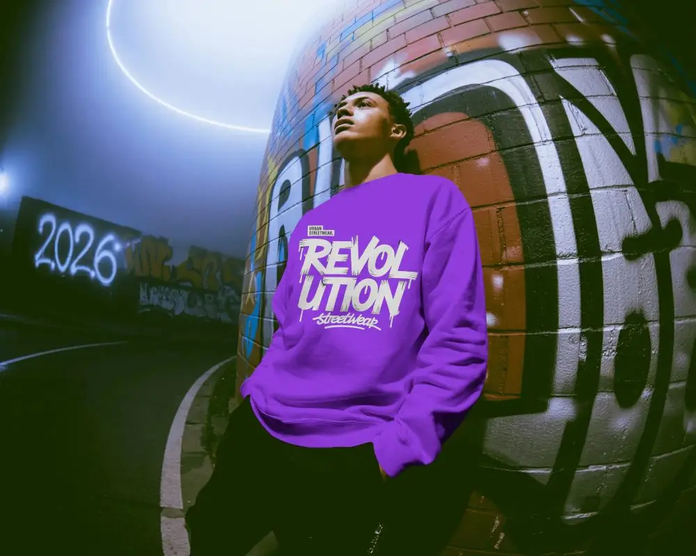 Fashionable Men Sweatshirt Mockup With Graffiti Wall New Years Themed Visual Content
