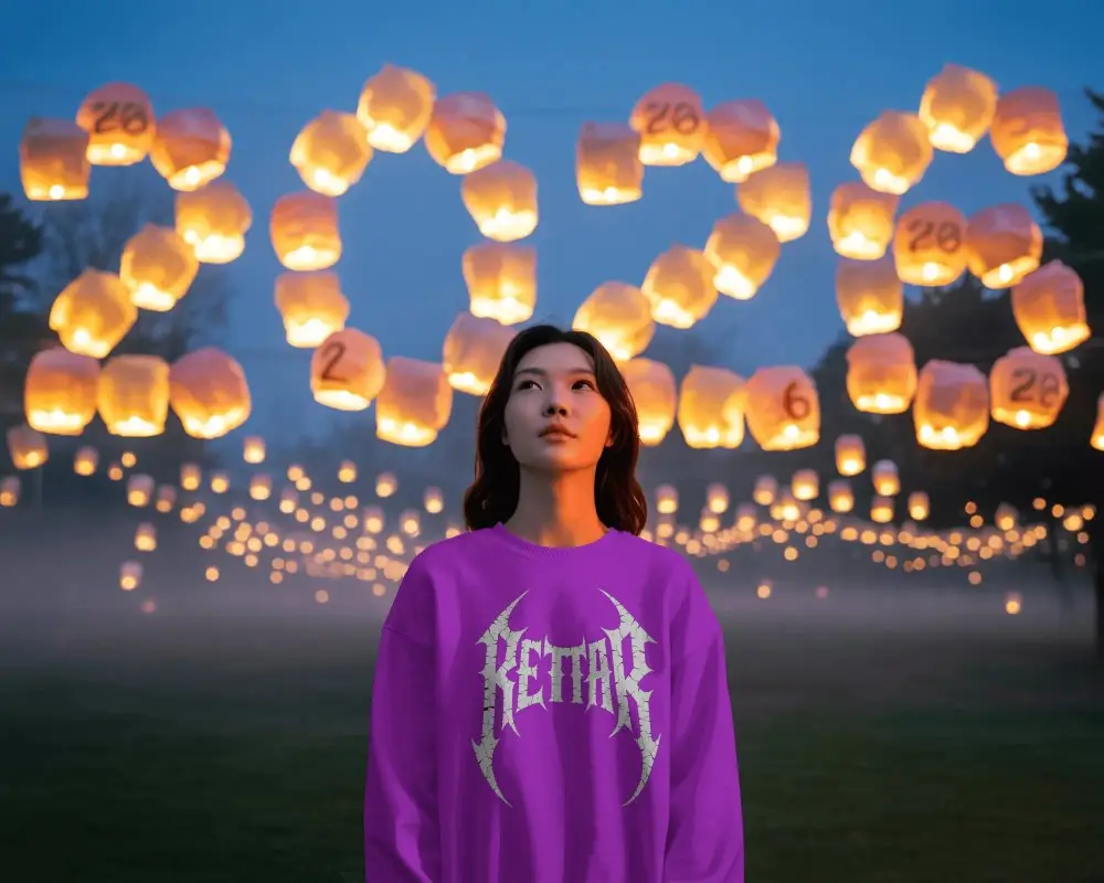 Serene Young Woman Sweatshirt Mockup Up At Floating New Year Lanterns Celebration Night