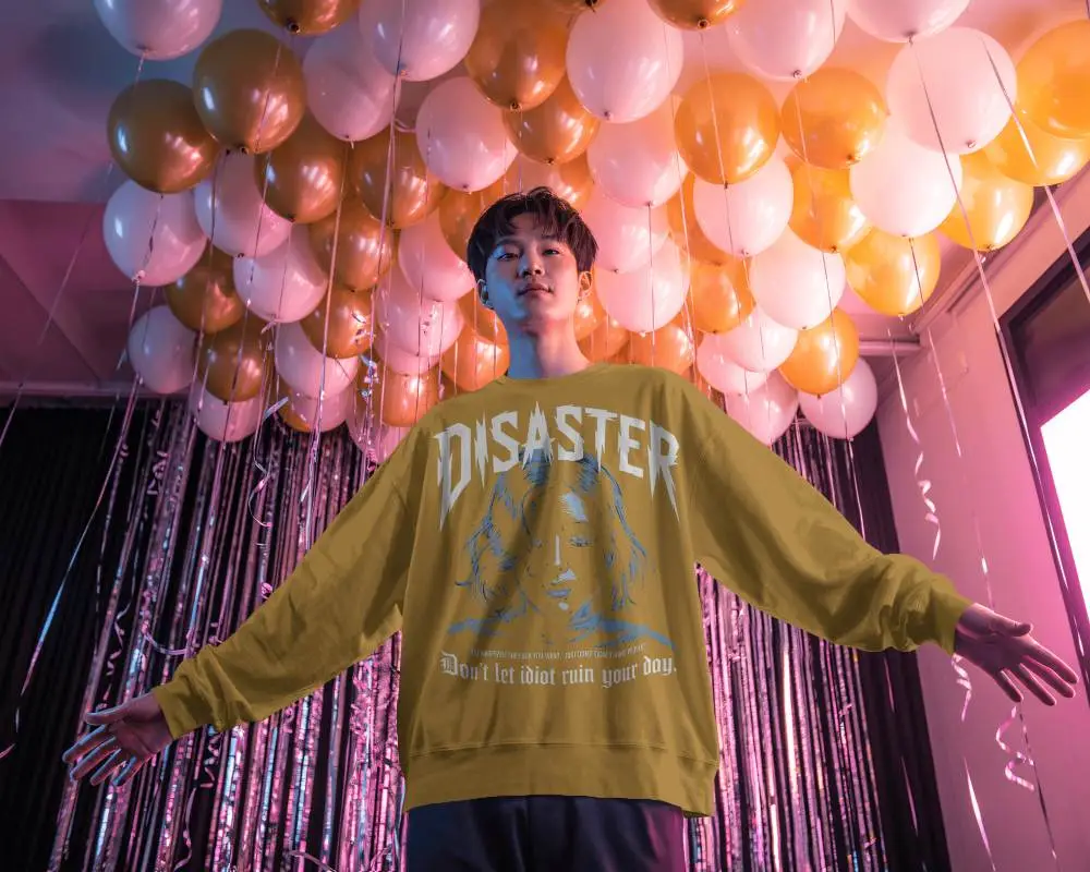 New Year Celebration Fashion Sweatshirt Mockup With Baloon Decor And Casual Apparel Showcase