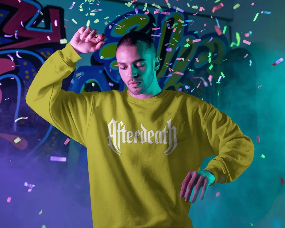 Festive New Year Sweatshirt Mockup With Dancing Person Confetti And Urban Graffiti Wall