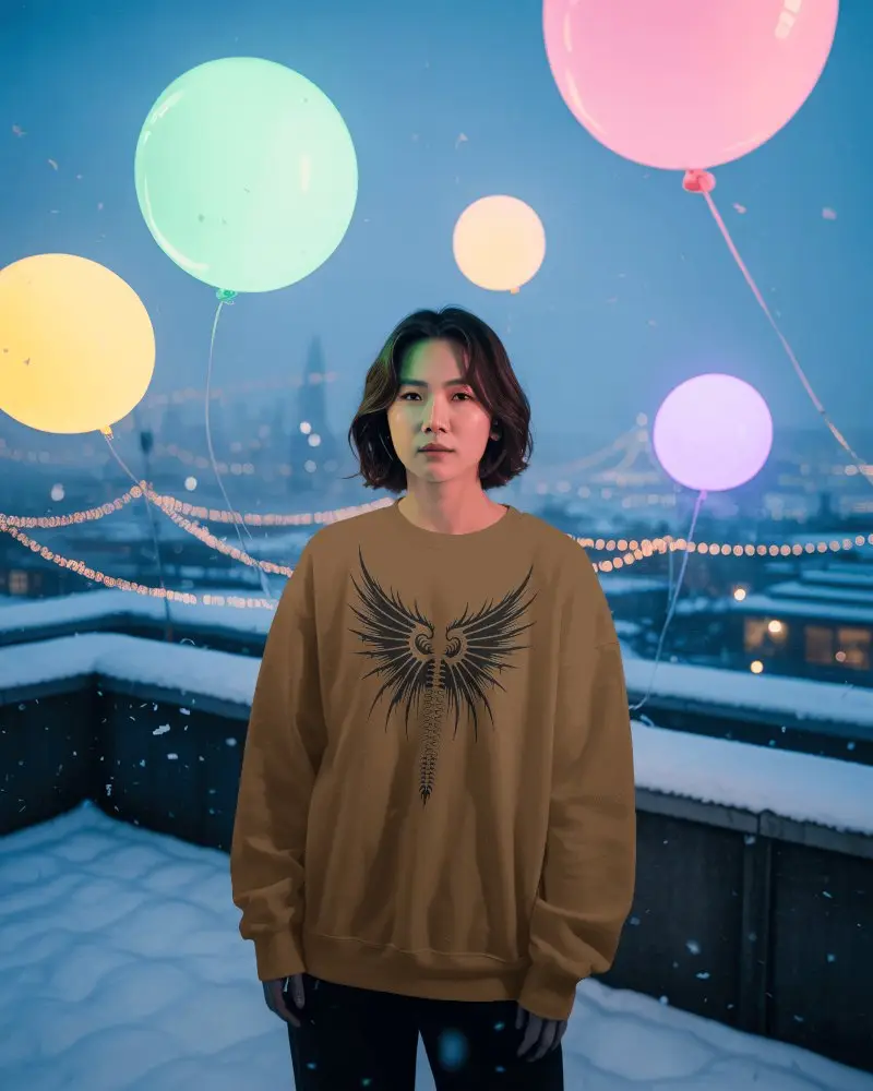 New Year Celebration Balloons Outdoor Winter Sweatshirt Mockup Nighttime City Lights Background