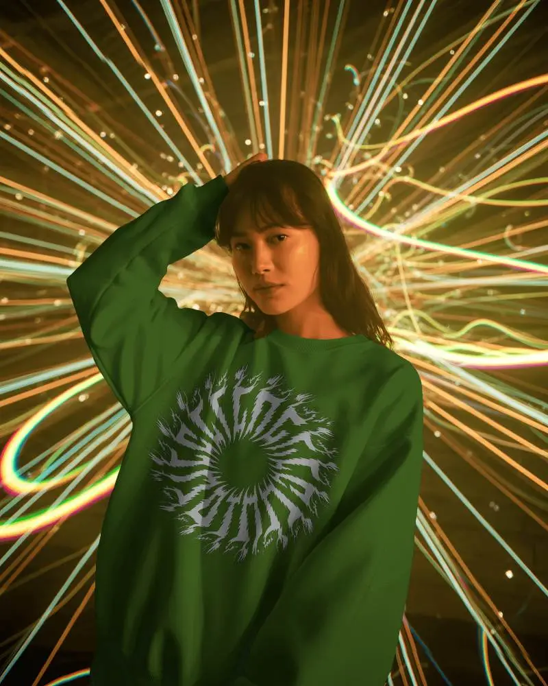 Trendy New Year Outfit Mockup Sweatshirt Casual Wear Model Light Trail Background