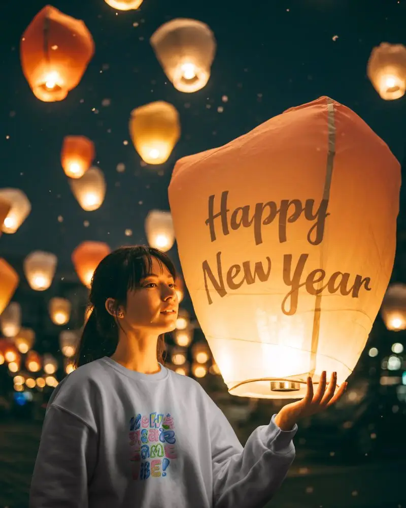 Festive New Year Sweatshirt Mockup Sky Lanterns Floating Brightly Night Symbolizing Hope And Wishes