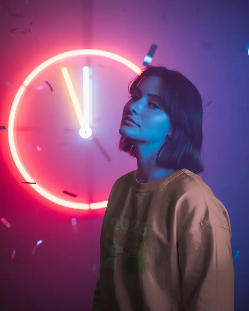 Futuristic New Year Sweatshirt Mockup Neon Clock Glow With Confetti Background