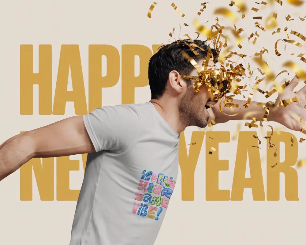 Festive New Year Mockup With Man Celebration And Streamers Happy New Year Background