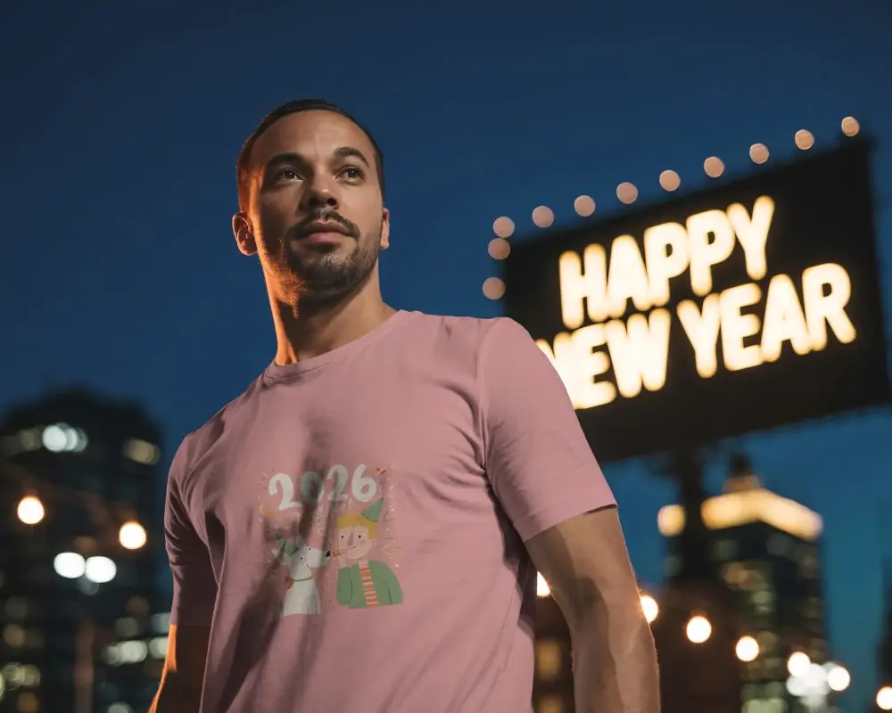 Urban New Year Celebration Mockup With Man Standing City Lights Background