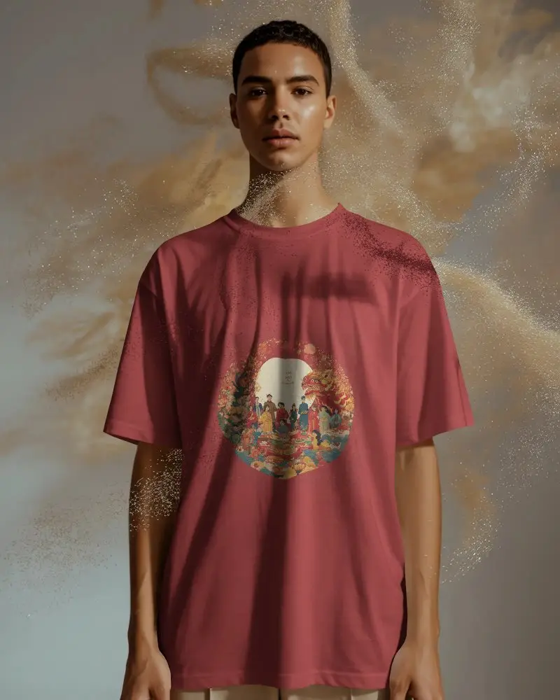 New Year Mockup Portrait Young Man Wearing Plain Tshirt Isolated On Artistic Background