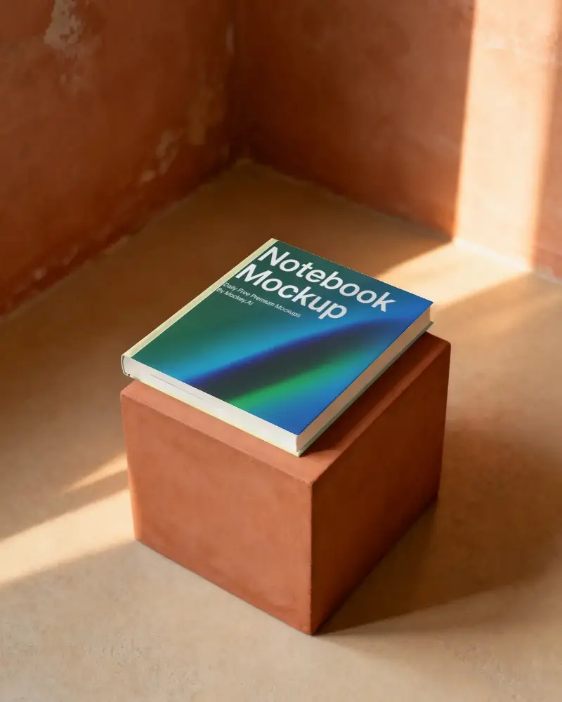 Hardcover Notebook Mockup On Minimalist Stone Pedestal With Soft Natural Light Shadow Play