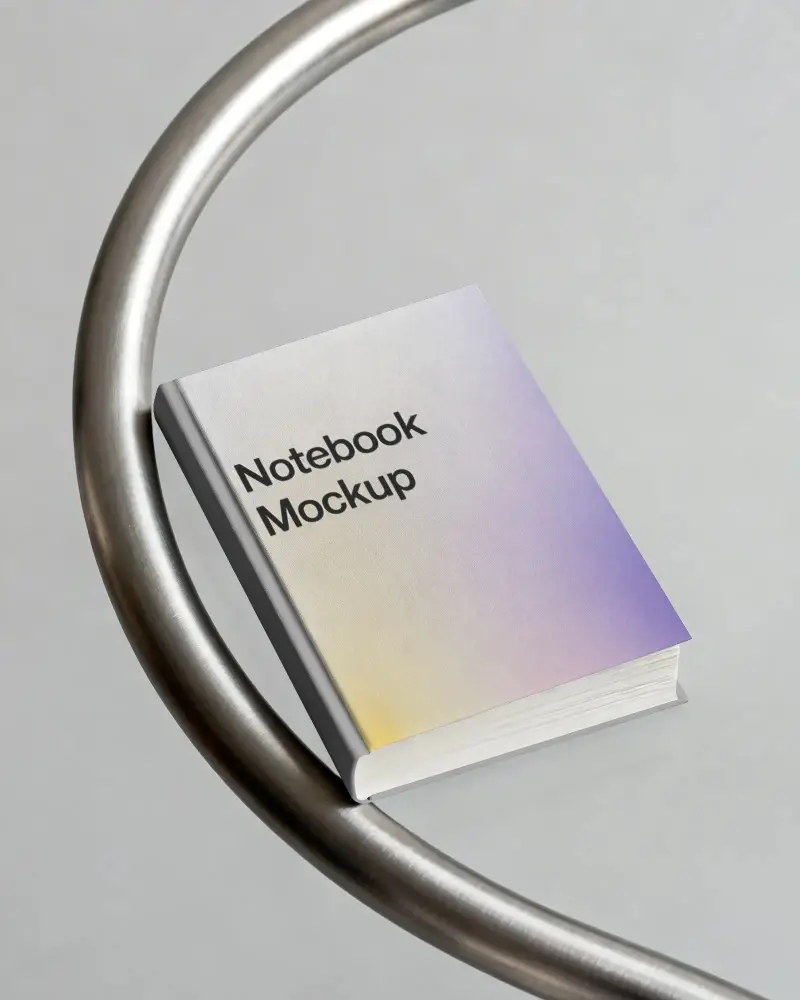 Hardcover Notebook Mockup Floating Above Minimalist Metal Frame Simple Modern Design