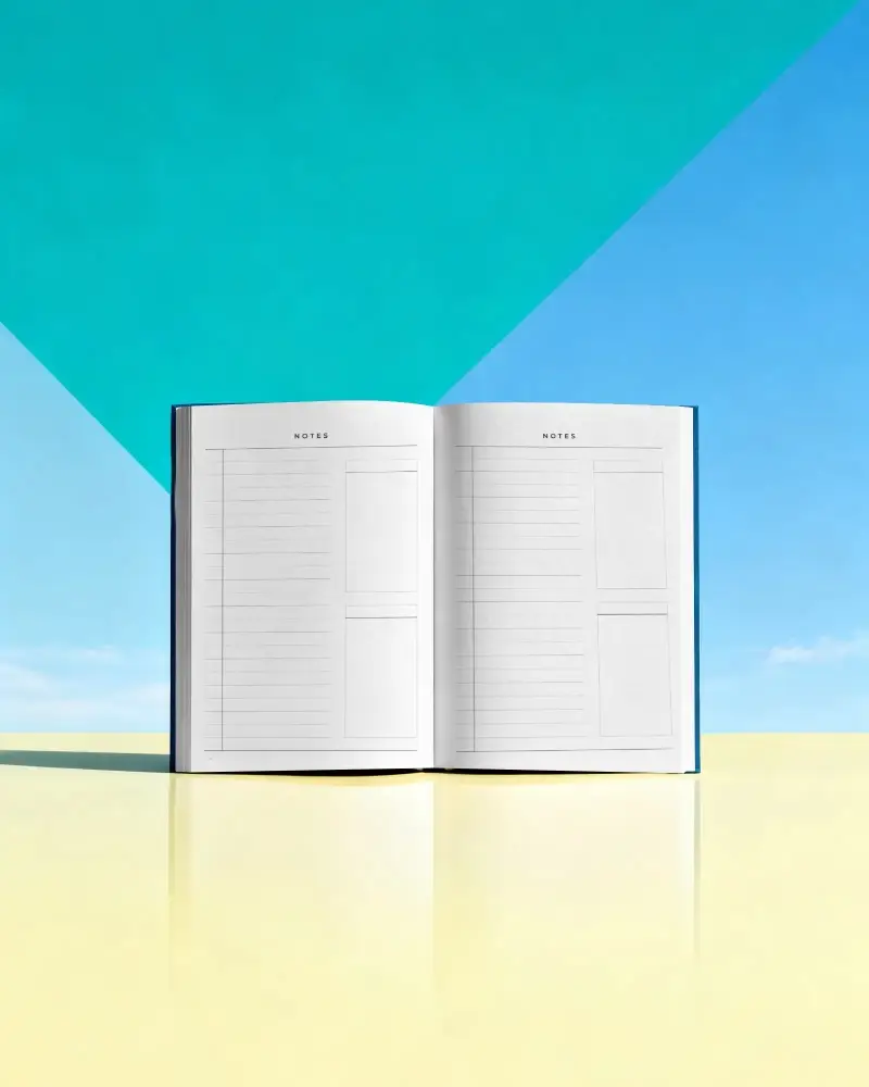 Blank Open Notebook Mockup On Reflective Surface With Vibrant Geometric Background Designs