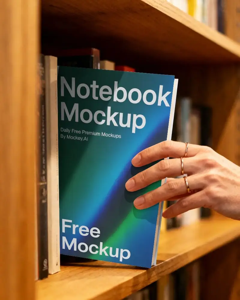 Realistic Notebook Mockup Showing Hand Picking Up A Book From Library Bookshelf