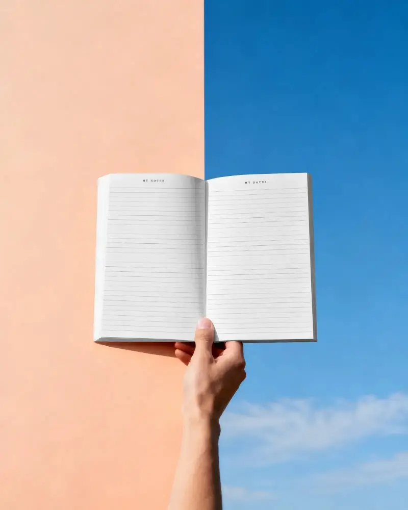 Hand Holding Open Notebook Mockup For Clean Minimalist Design Showcase And Presentation