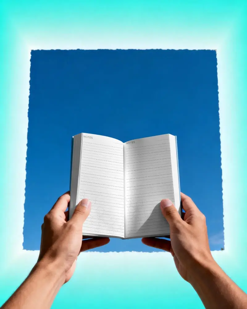 Blank Notebook Mockup In Hand Over Clear Sky Ideal For Custom Designs And Personalized Notes