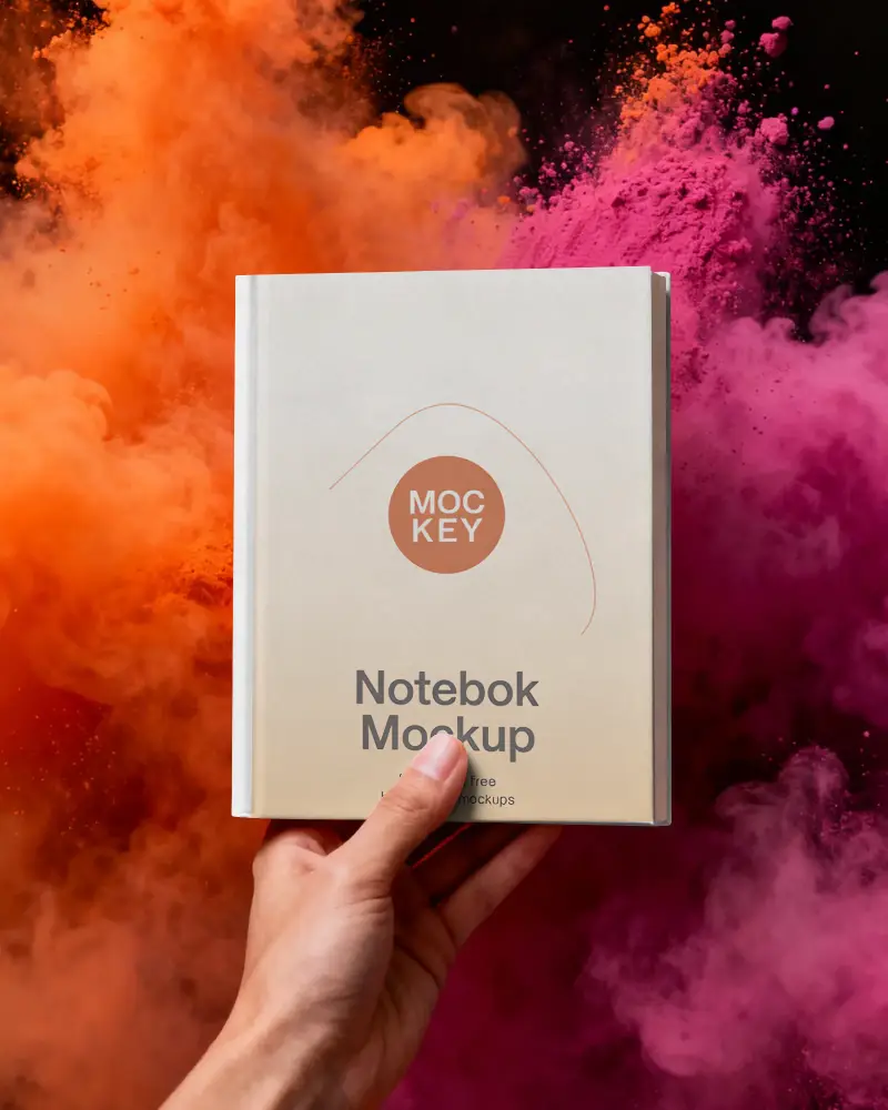 Creative Notebook Mockup Display In Hand With Bright Vivid Powder Explosion Background
