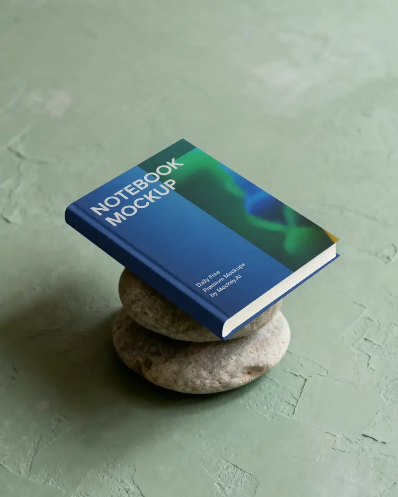 Hardcover Notebook Mockup On Stacked Smooth Stones For Branding Presentation Templates
