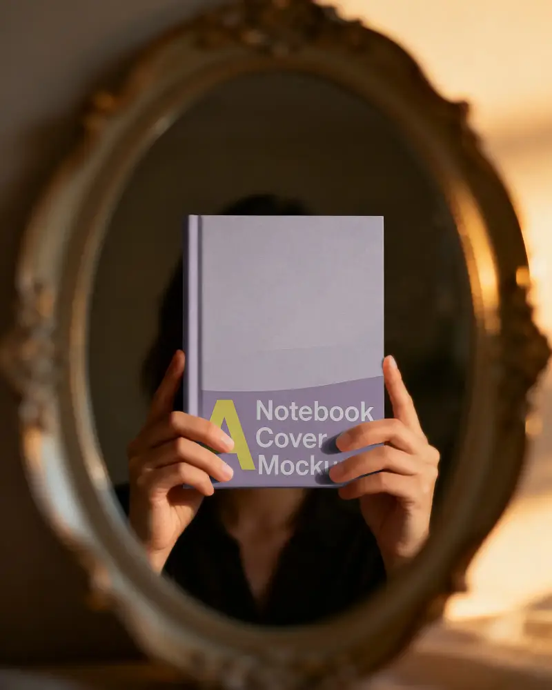 Hands Holding Minimalist Notebook Mockup Reflecting In Decorative Oval Mirror For Design
