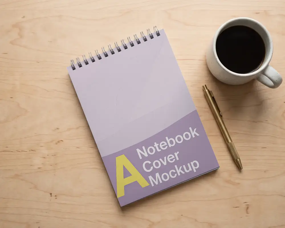 Spiral Bound Notebook Mockup With Coffee Cup And Pen On Wooden Surface Ideal For Sketching
