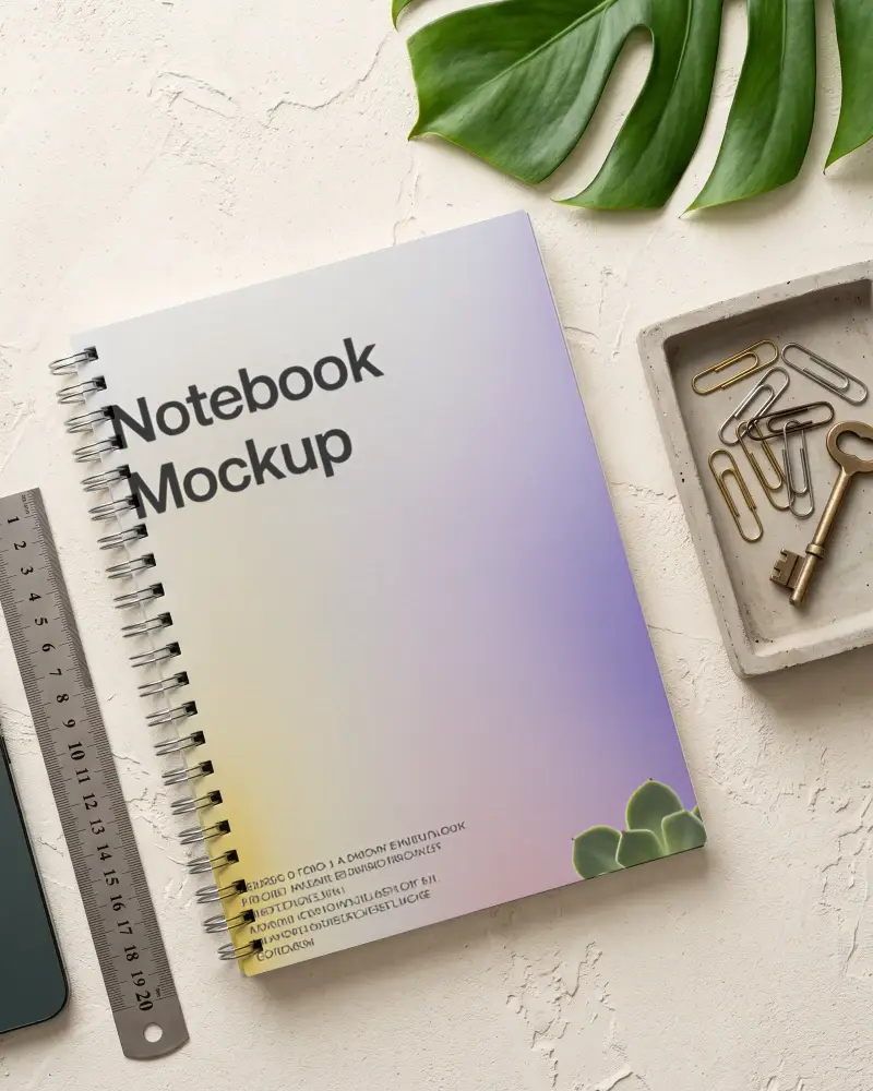 Top View Notebook Mockup With Ruler Cellphone And Paperclips On Textured Surface