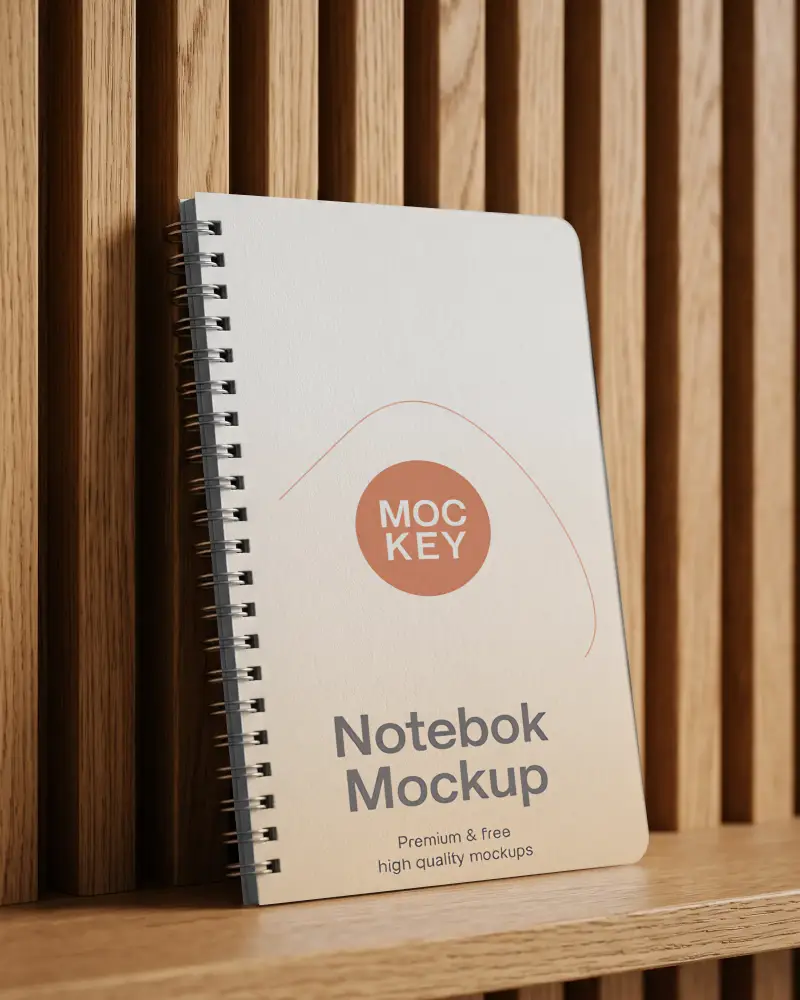 Spiral Bound Notebook Mockup With Textured Cover On Wooden Shelf For Design Showcase