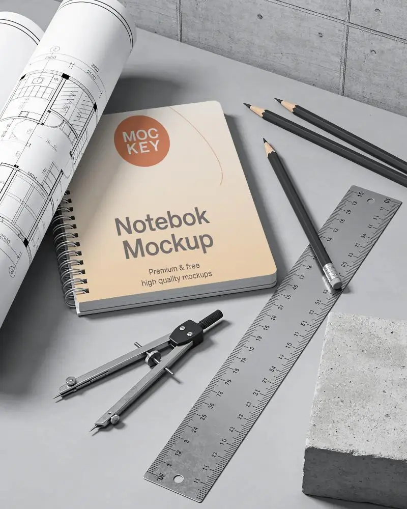 Architectural Workspace Notebook Mockup With Rolled Blueprints Ruler Compass And Drafting Pencils