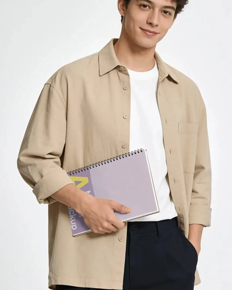 Handheld Spiral Notebook Mockup With Male Model In Relaxed Layered Outfit And Clean Studio Setting