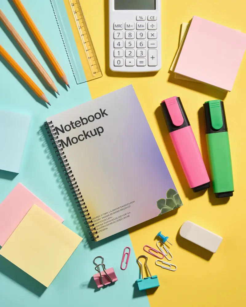 Spiral Notebook Mockup With Colorful Sticky Notes Pencil And Office Essentials Arrangement