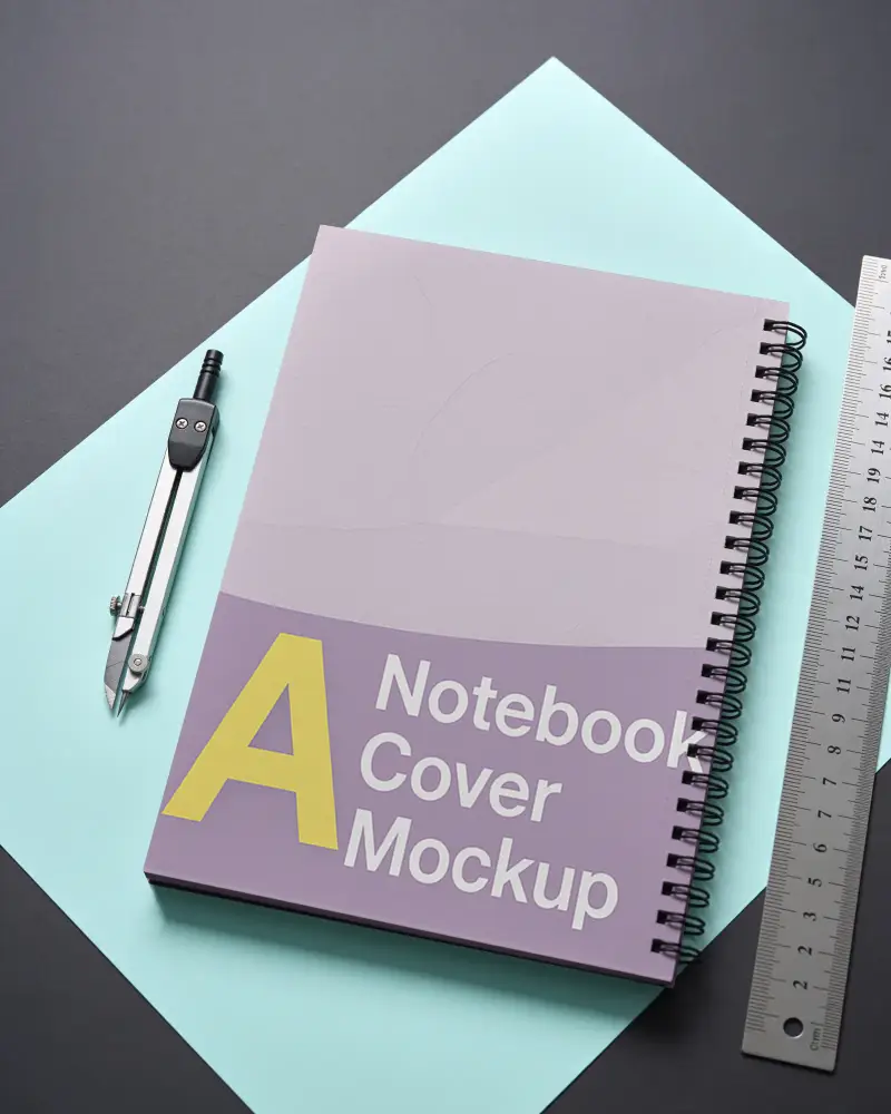 Minimalist Spiral Notebook Mockup With Drafting Compass And Metal Ruler On Contrasting Surface