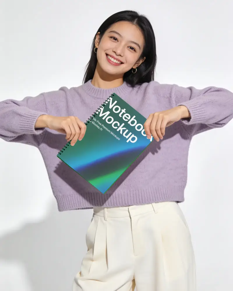 Woman Holding Spiral Notebook Mockup For Personalized Design Presentation