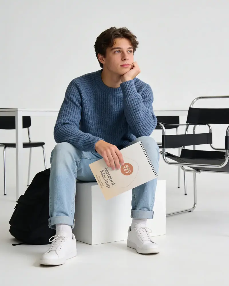 Young Man Holding Spiral Notebook Mockup Sitting On Cube Studio Background Minimalist Style