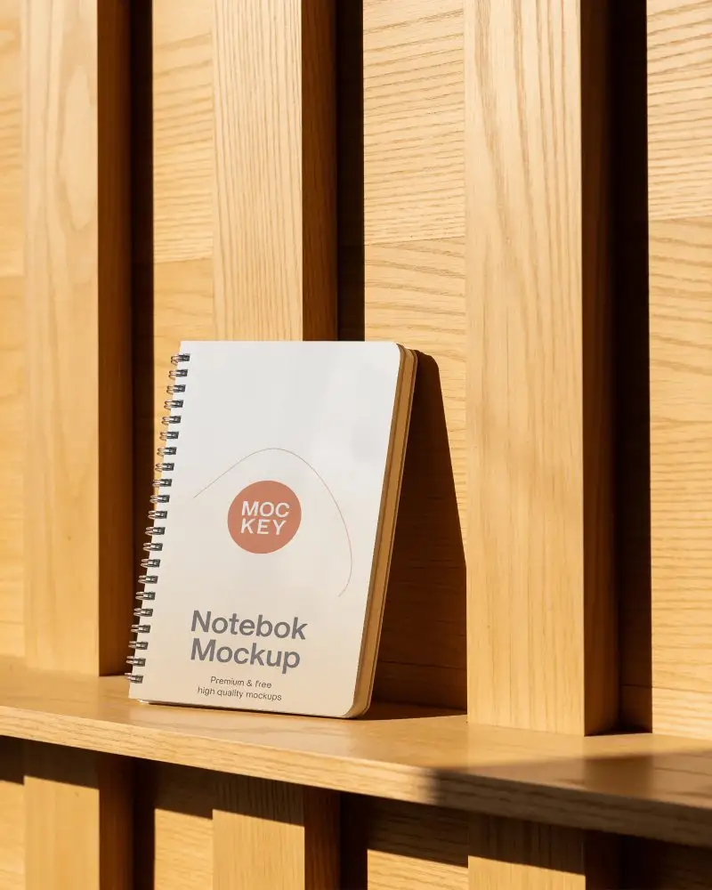 Spiral Bound Notebook Mockup On Minimalist Wood Shelf With Natural Light Shadow Play