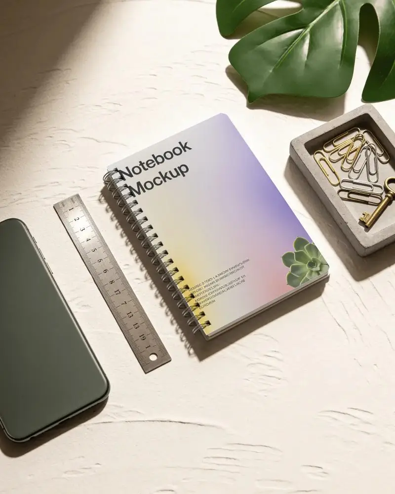 Spiral Bound Notebook Mockup On Textured Desk With Smartphone And Office Accessories