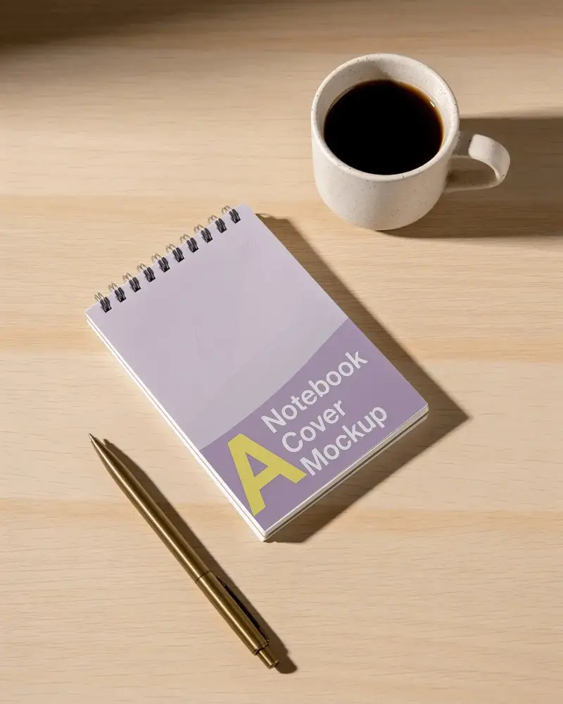 Spiral Bound Notebook Mockup With Pen And Coffee Cup On Wooden Desk Background