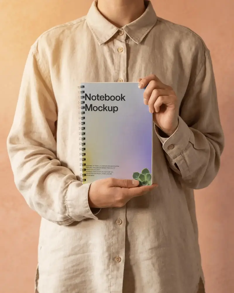 Person Holding Spiral Bound Notebook Flat Lay Mockup For Design Presentation