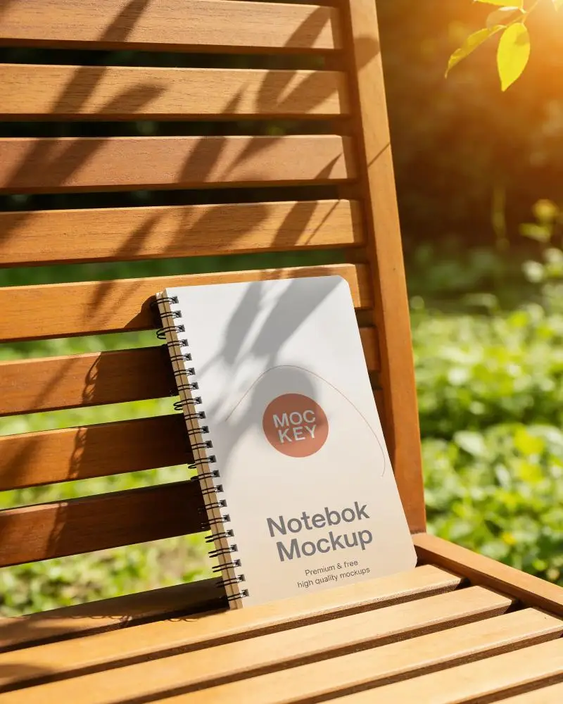 Outdoor Notebook Mockup With Spiral Binding On Wooden Bench Natural Light Shadow Plays