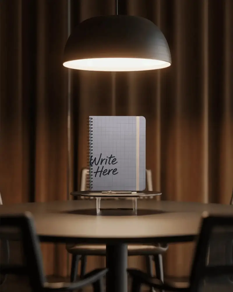Elegant Spiral Bound Notebook Mockup On Modern Conference Table With Soft Lighting