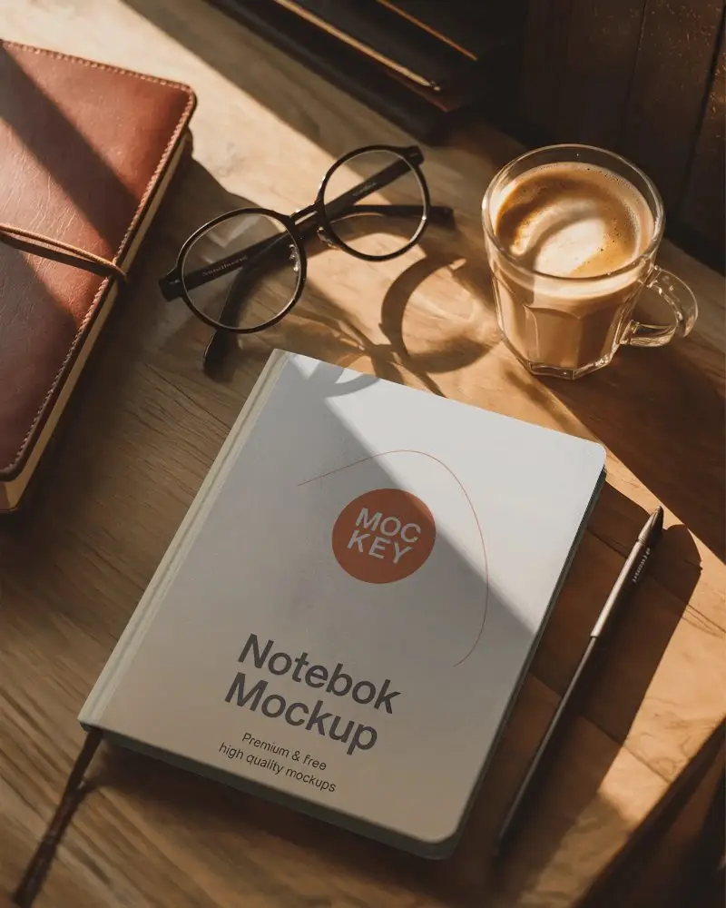 Stylish Hardcover Notebook Mockup With Pen Eyeglasses And Coffee On Wooden Desk