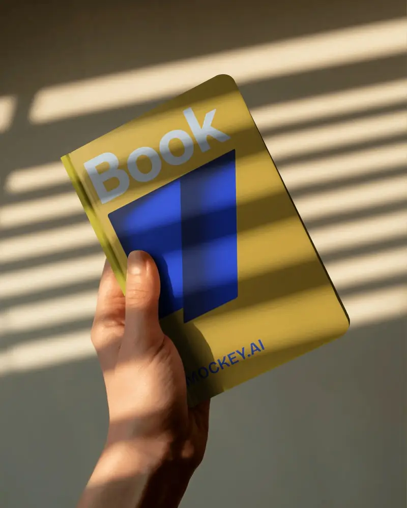 Hand Holding Portable Notebook Mockup In Minimalist Light Shadow Pattern