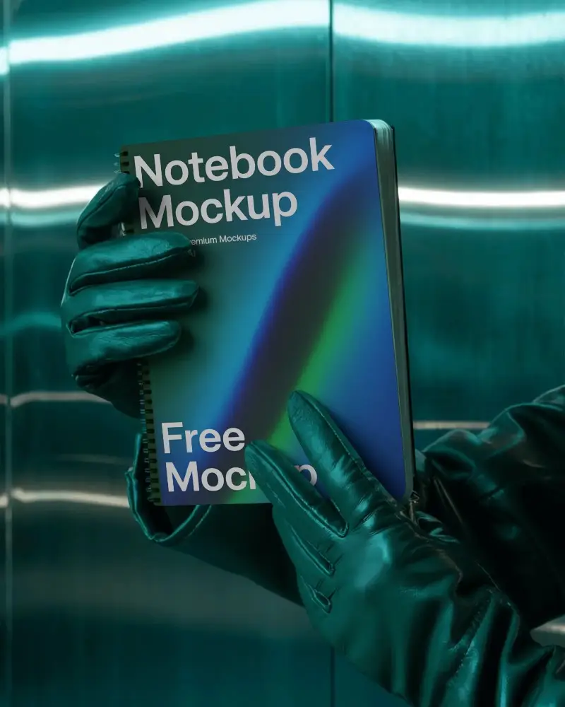 Premium Glove Wearing Hands Showcasing Blank Notebook Mockup In Modern Setting