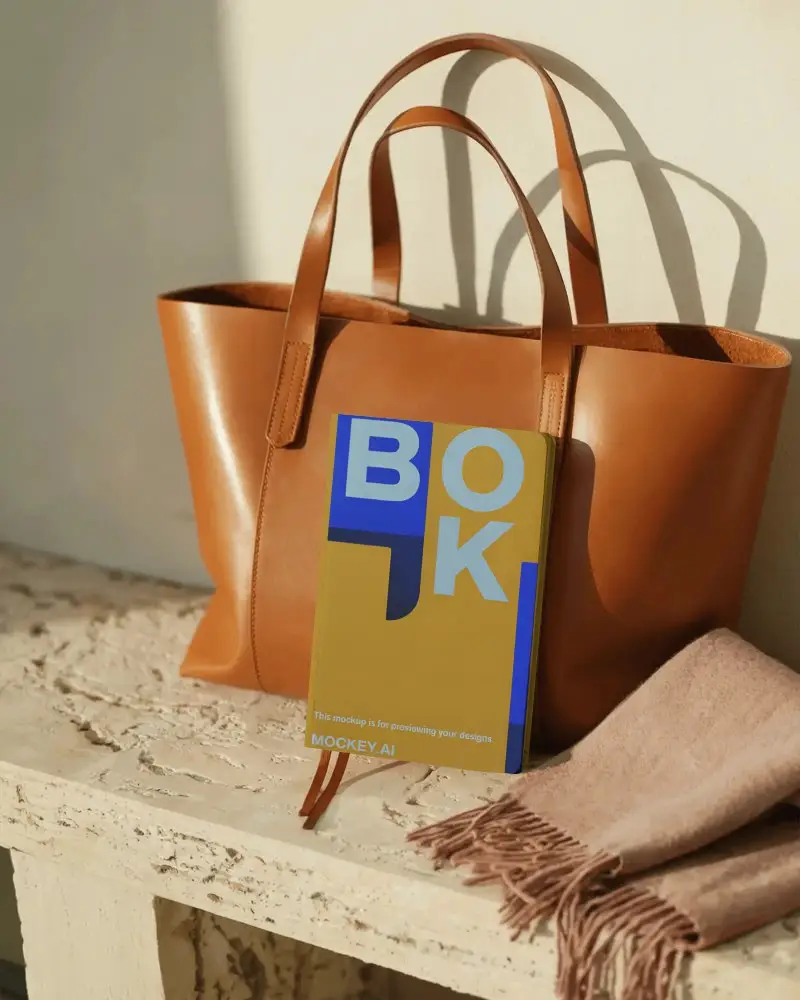 Minimalist Notebook Mockup With Leather Handbag And Warm Textured Scarf For Branding