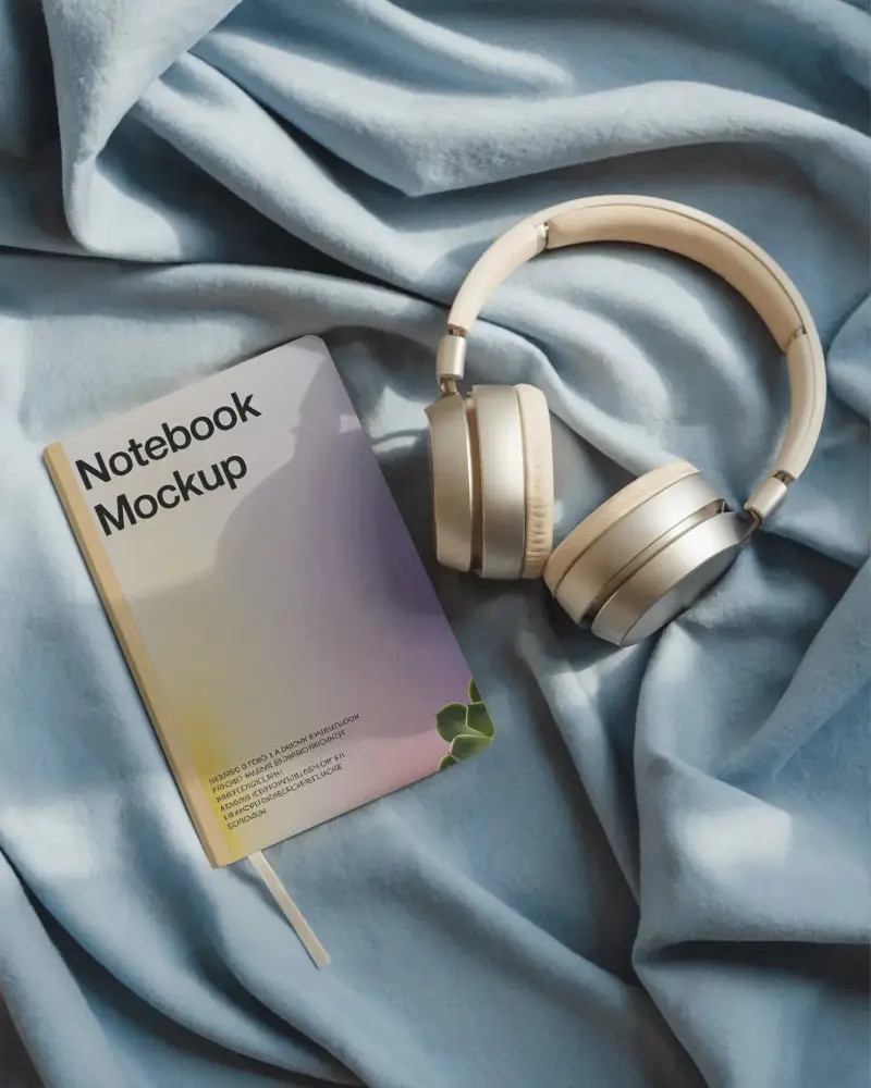 Modern Notebook Mockup With Headphones On Soft Fabric Background For Presentation
